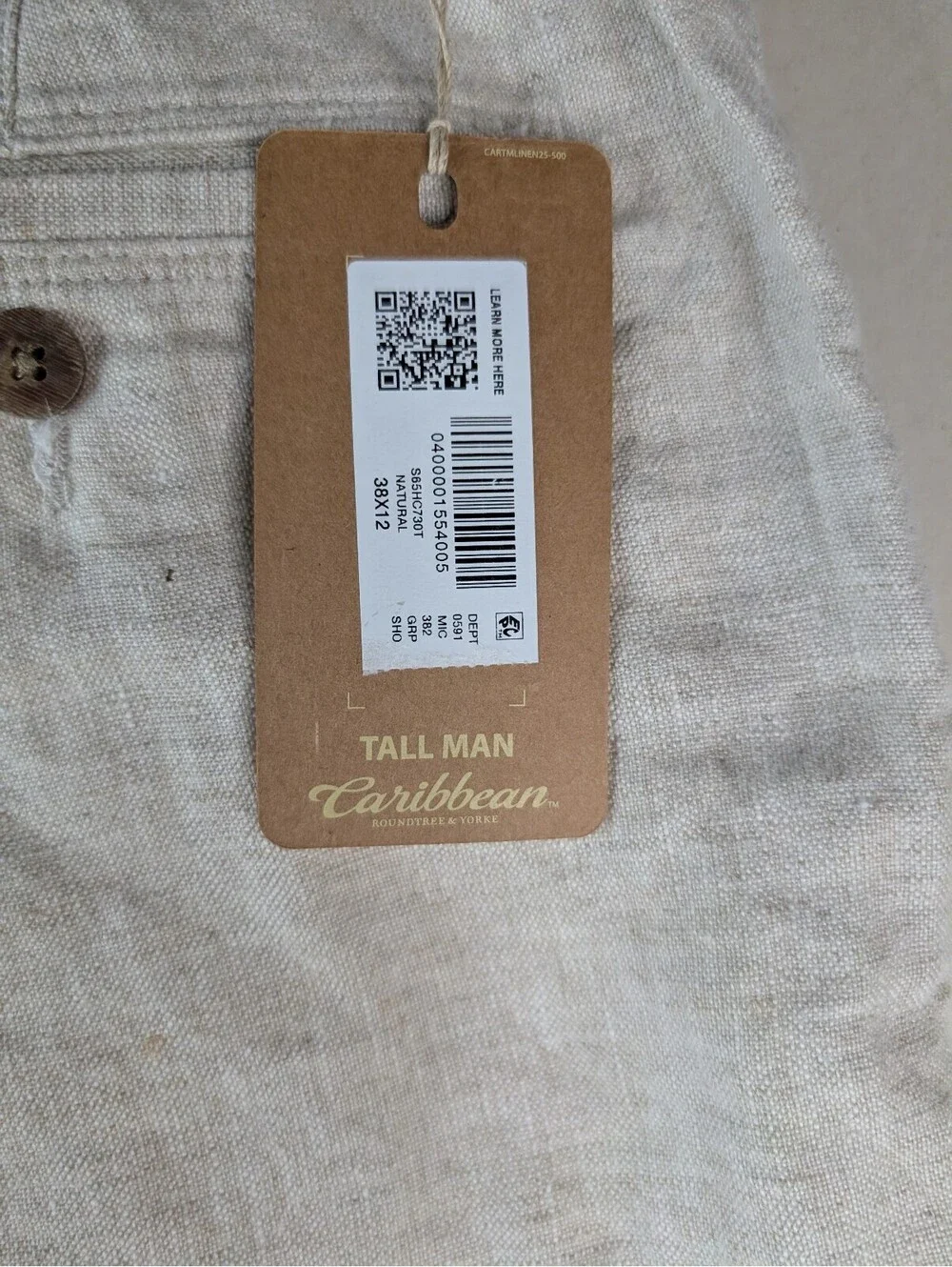 NWT Caribbean Men's Linen Blend Shorts Coastal Linen Size 38 Tall